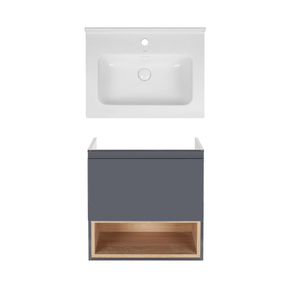 Комплект Qtap тумба підвісна Robin 600х580х437 мм Graphite/Whitish oak + раковина урізна Albatross 01 QT71RO44042