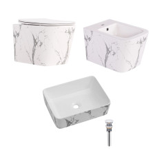 Qtap Комплект Tern Marble 3 в 1: підвісний унітаз Ultra Quiet + біде підвісне + раковина накладна QTTERMR49164