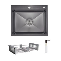 Комплект Lidz Handmade H6050HB Мийка для кухні інтегрована Decor Black PVD Honeycomb у комплекті з дозатором + Lidz K01G Корзина для кухонної мийки