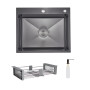 Комплект Lidz Handmade H6050HB Мийка для кухні інтегрована Decor Black PVD Honeycomb у комплекті з дозатором + Lidz K01G Корзина для кухонної мийки