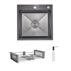 Комплект Lidz Handmade H5050HB Мийка для кухні інтегрована Decor Black PVD Honeycomb у комплекті з дозатором + Lidz K01G Корзина для кухонної мийки
