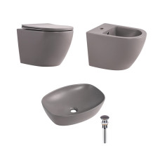 Qtap Комплект Robin Stone grey 3 в 1: підвісний унітаз Ultra Quiet + біде підвісне + раковина накладна QTROBSG49158